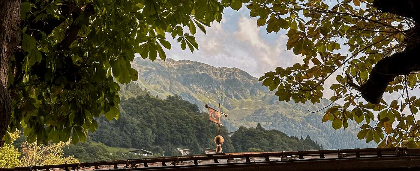 Bergblick durch grüne Blätter